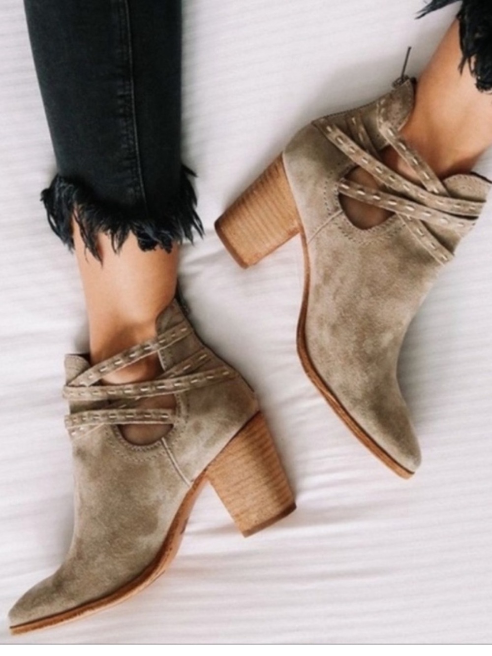 Frye Tan Naomi Pickstitch Suede Cutout Ankle Booties with Wrap Strap